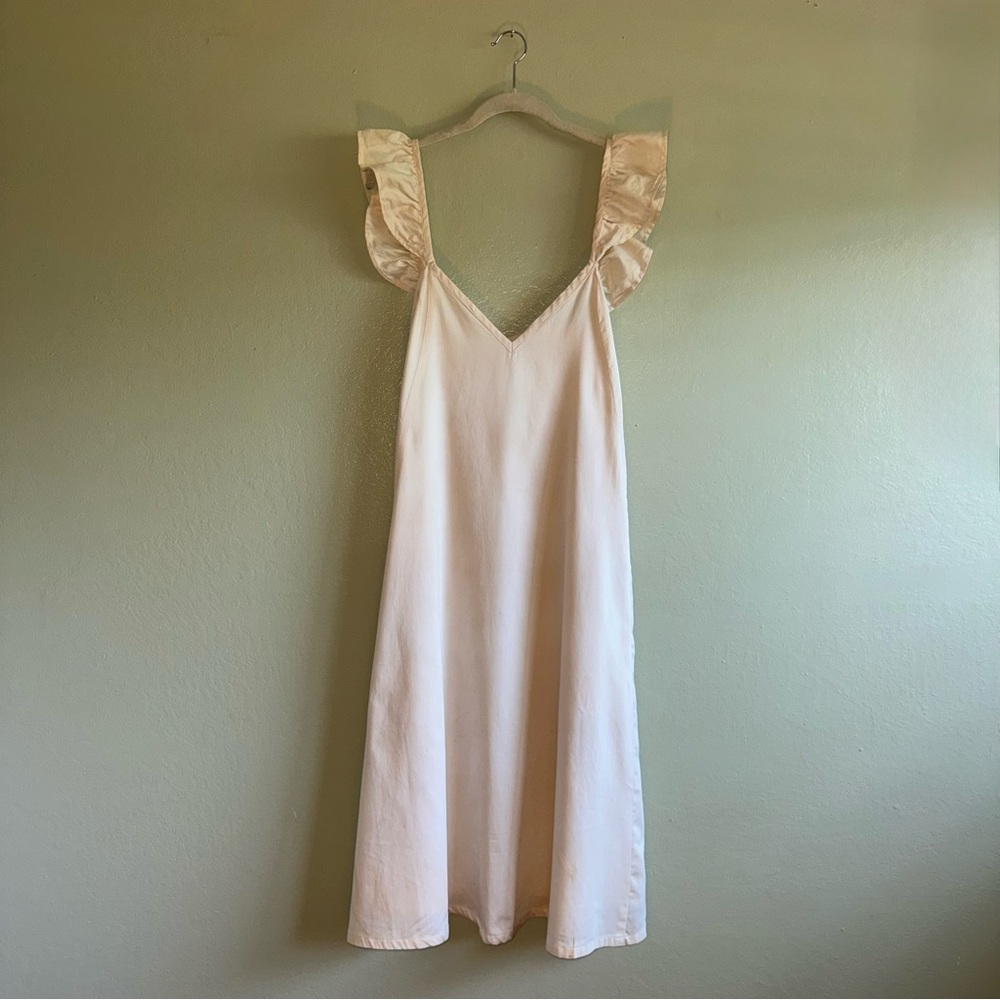 Cream Sleeveless Linen Midi Dress with Ruffle Straps